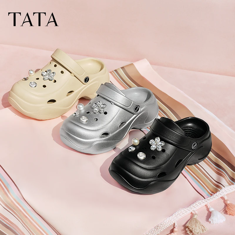 TATA他她黑色包头拖鞋女厚底洞洞鞋女外穿半拖凉鞋2025夏7H801BH5