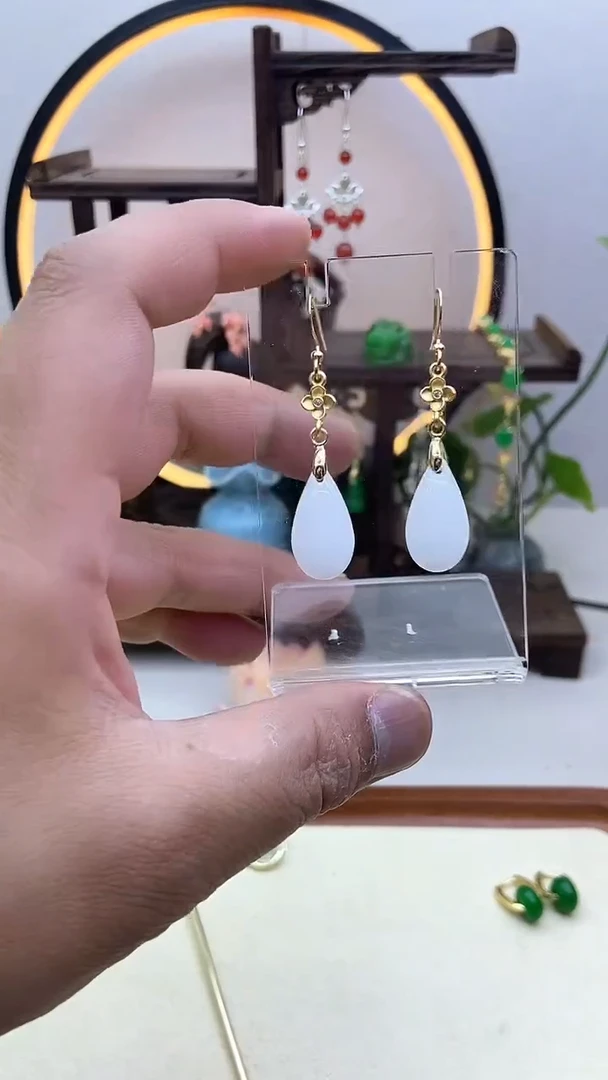 和田玉14K金镶嵌耳饰88号