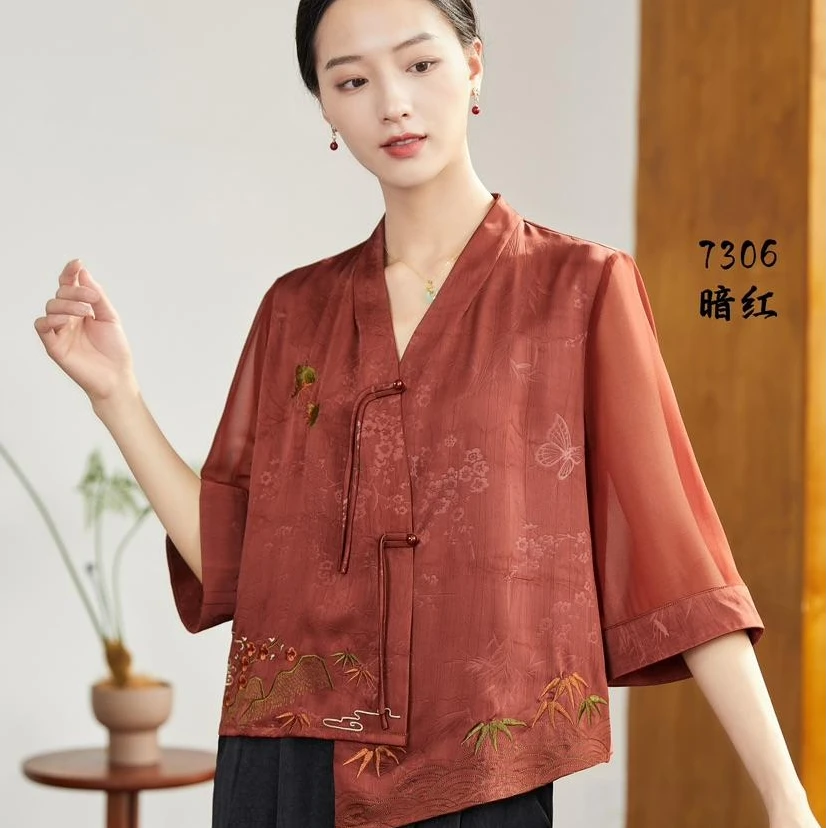 2025夏季新款新中式国风不规则真丝刺绣上衣【B7306】