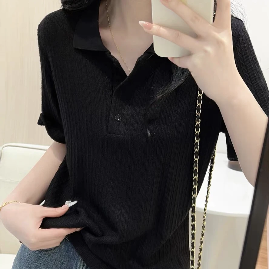 麦穗polo领短袖针织T恤女大码遮肚夏季新款时尚百搭气质洋气上衣