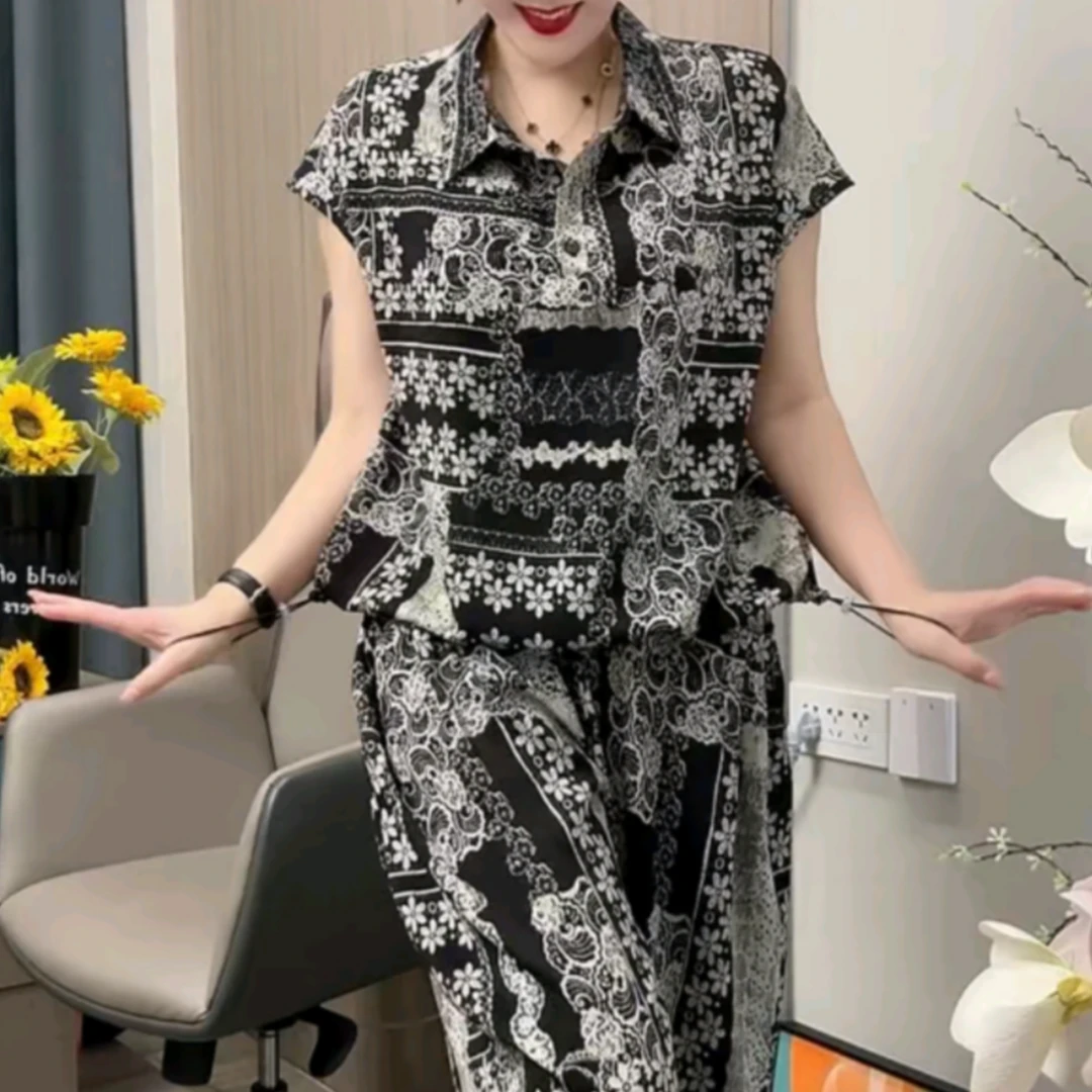 夏款复古风花色女装两件套2025新款宽松休闲百搭减龄中老年妈妈装