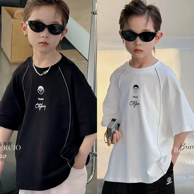 25年儿童韩版潮酷拼接撞色纯棉短袖T恤男童儿童t恤
