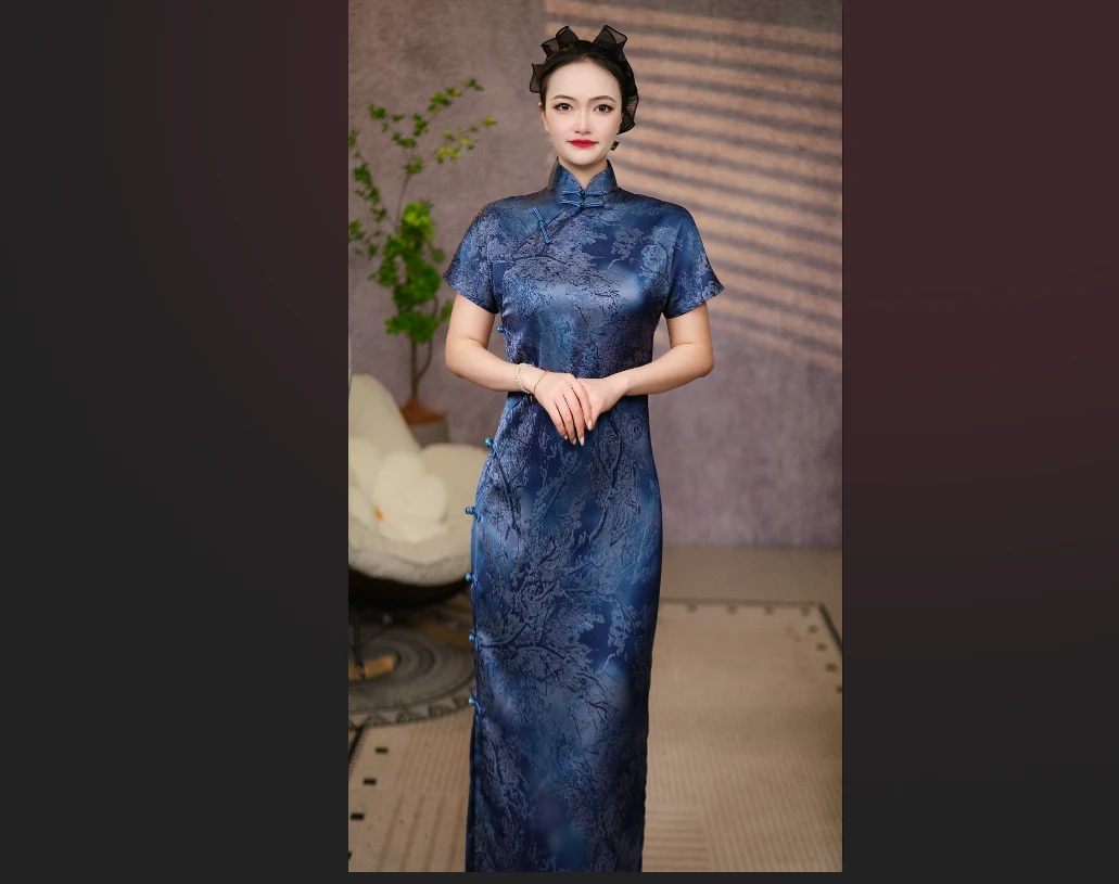 古法手工全开襟一字扣雪落梅花蓝色款旗袍日常优雅款