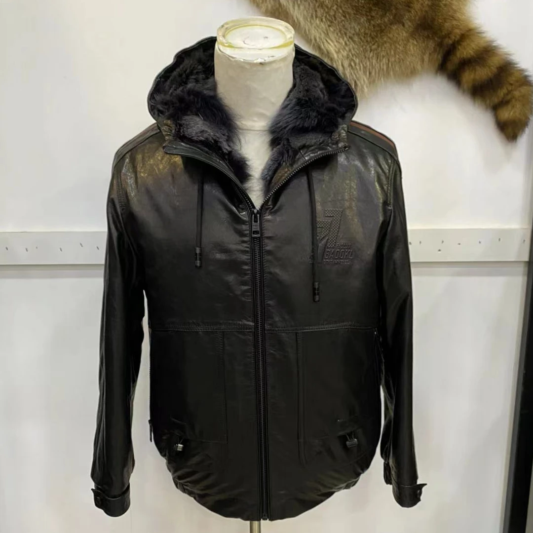 油蜡牛皮时尚2025连帽狼毛保暖真皮皮草山羊皮皮衣男款加绒9821