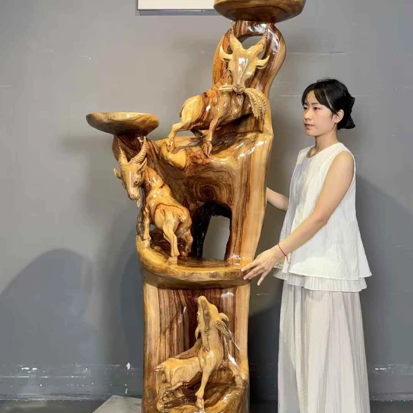 根雕花架木雕羊底座客厅摆件天然随形树根盆景架实木根艺香樟木
