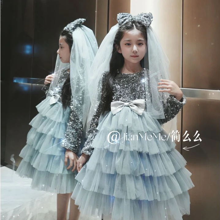 【灰天鹅】新款女童时尚走秀礼服裙宝宝甜美亮片蓬蓬纱公主裙
