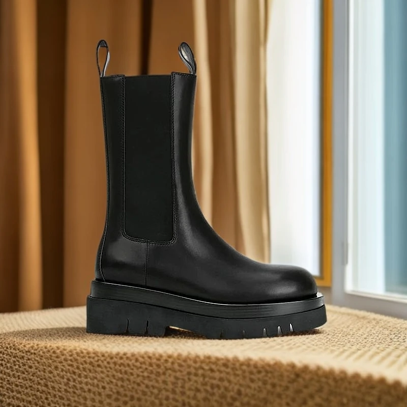 【H0818】时尚烟管靴百搭女士黑色厚底英伦风秋冬冬季圆头潮流高帮