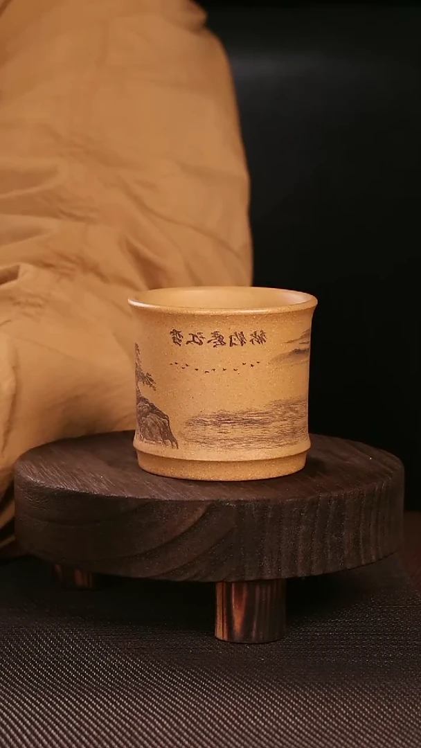 茶杯紫砂紫砂刻绘主人杯独钓寒江雪