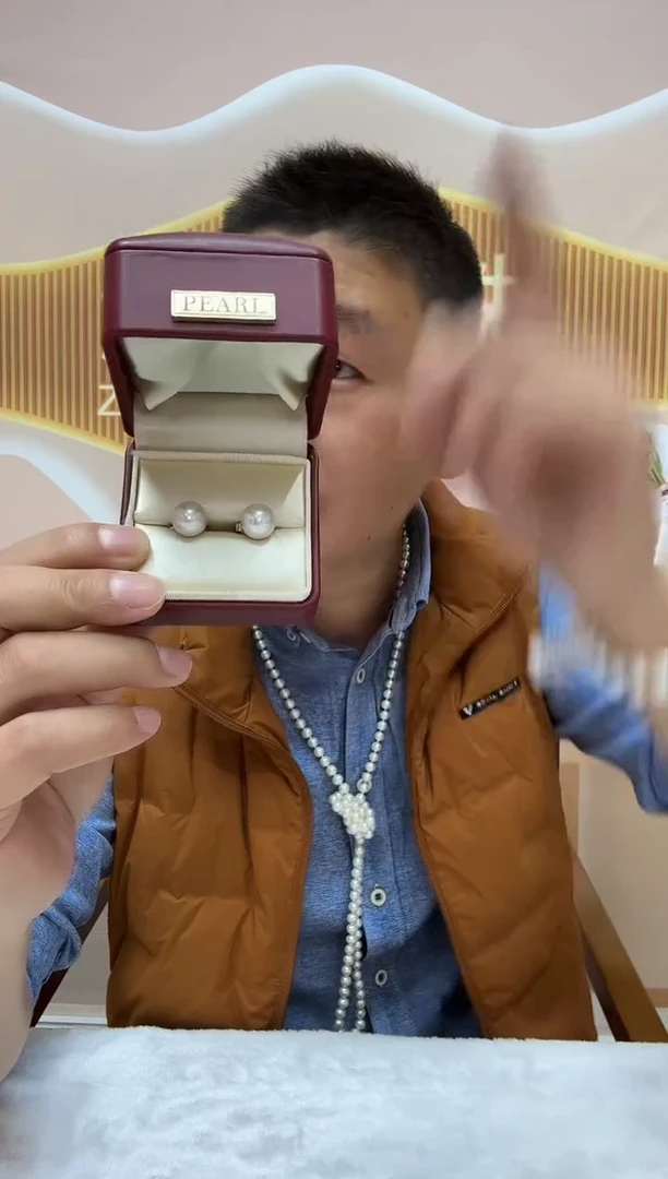 银S925镶嵌耳钉淡水珍珠11-12mm珍珠耳钉