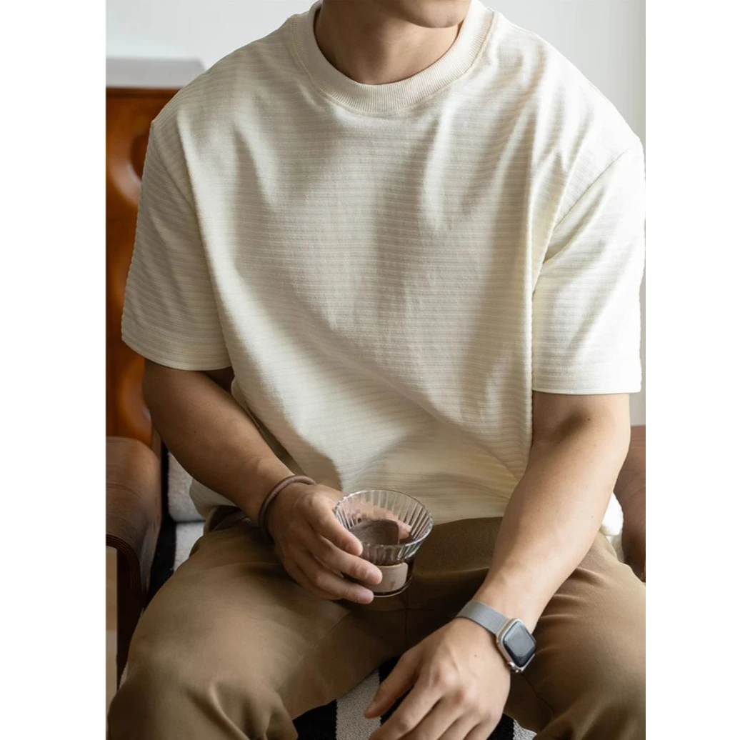 奥兰德保罗抗皱简约透气条纹短袖T恤男夏季新款通勤休闲圆领上衣