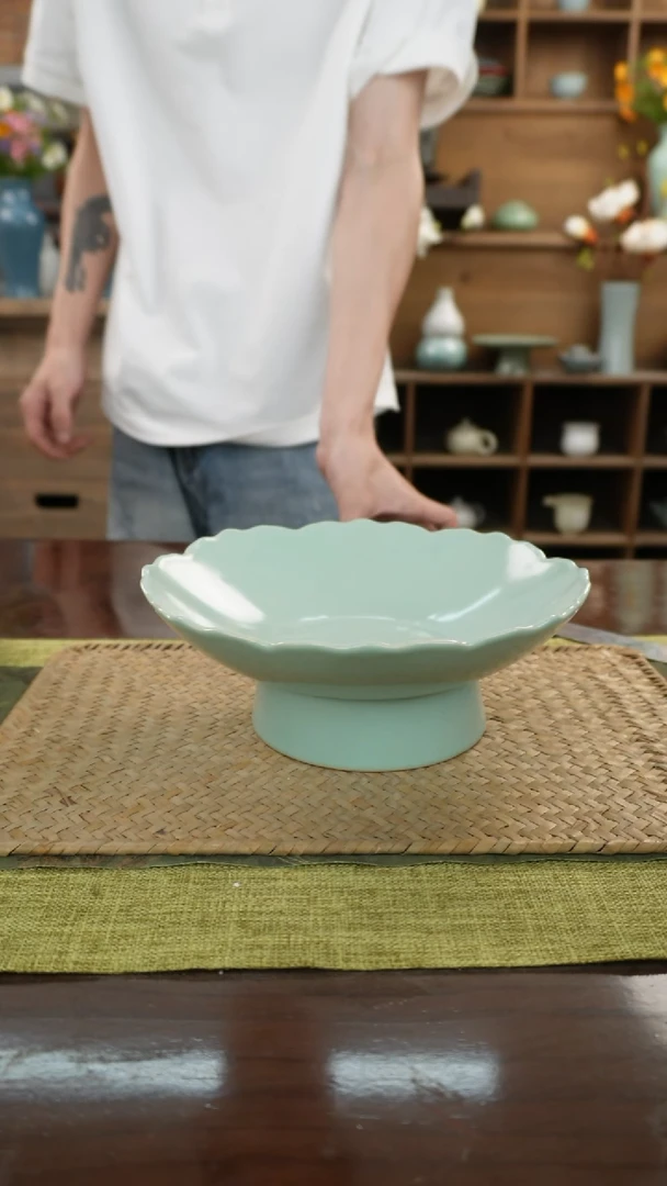 陶瓷一件包邮透青色花边果盘