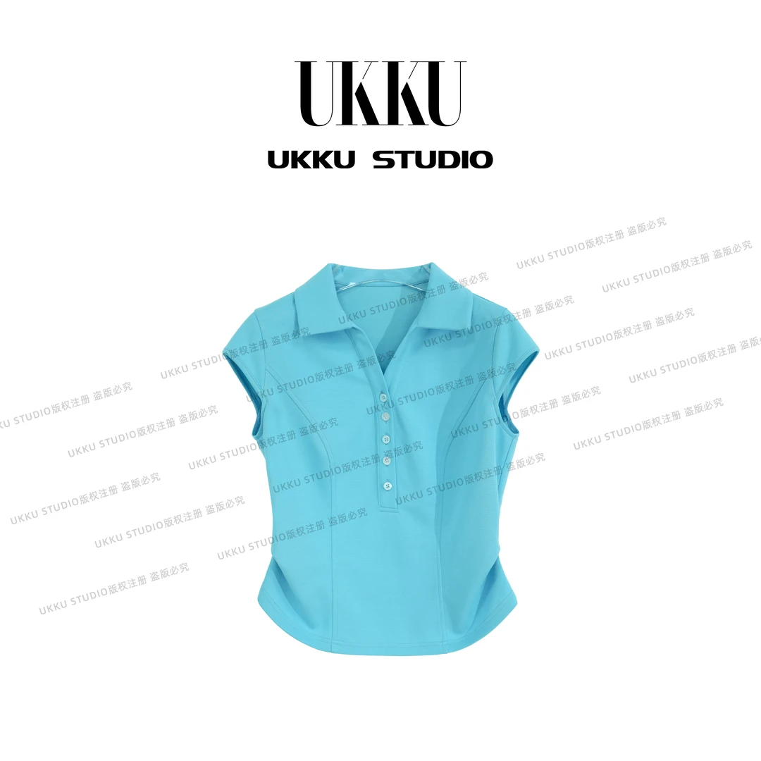 云【UKKU SKUDIO】小众简约排扣小飞袖翻领短袖显瘦上衣514296