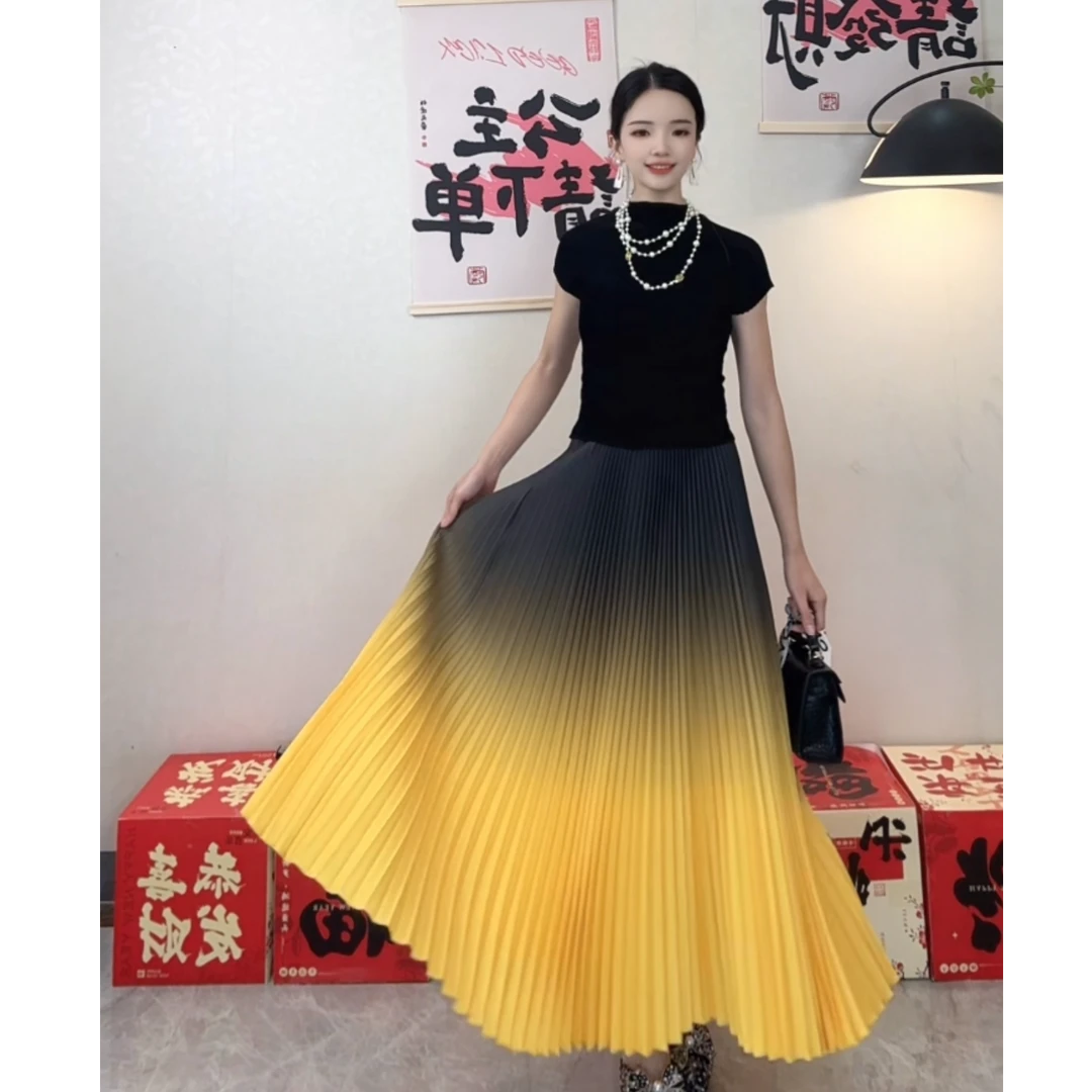 2025新款渐变色高级洋气优雅百搭简约修身长裙百褶裙170