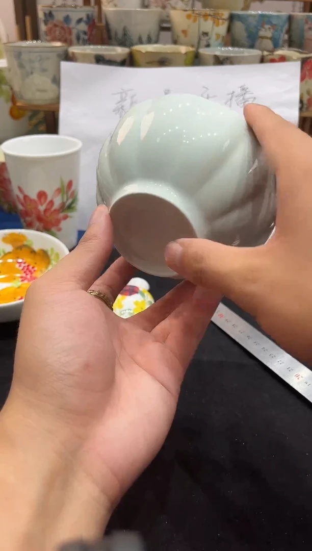 瓷片景德镇手工手绘高温釉下高白泥影青南瓜碗