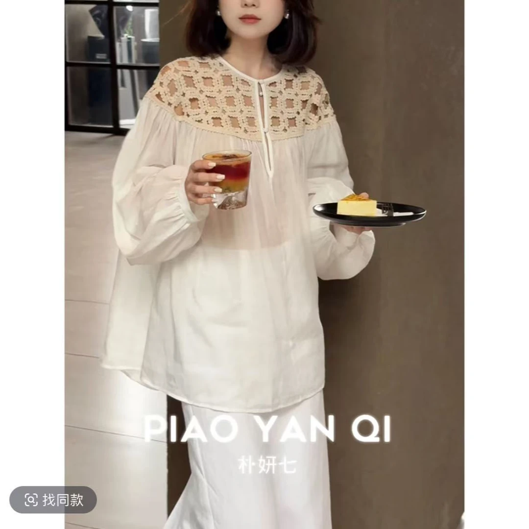YANQI【里摩画廊】拼接纹理轻盈百搭长袖上衣YQ001
