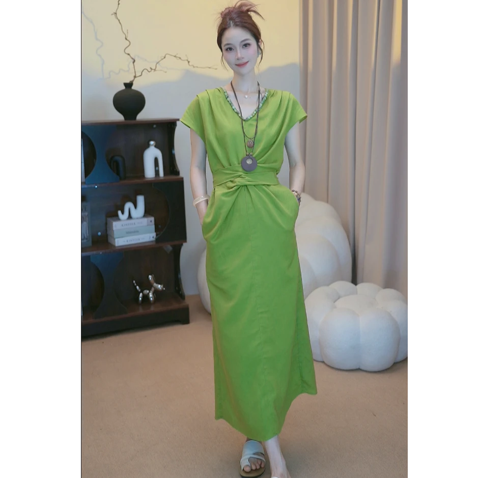 天丝亚麻纯色套头收腰不褪色夏装连衣裙显瘦高腰