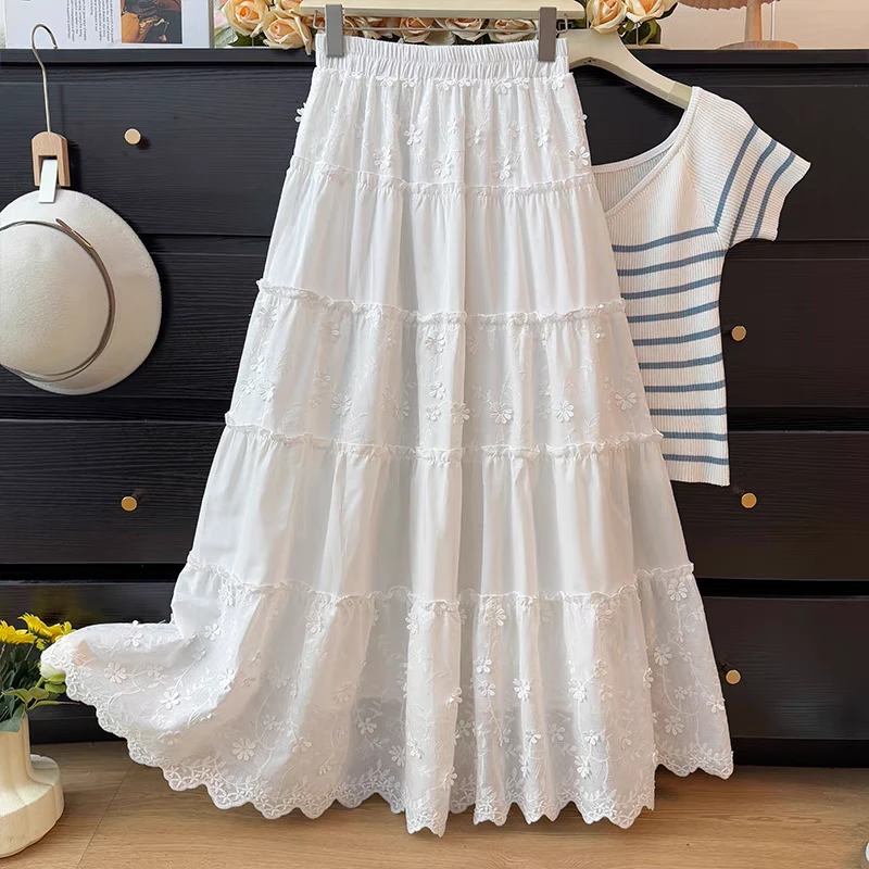 法式拼接刺绣蕾丝立体花朵棉质半身裙新款高腰垂坠感白色蛋糕裙