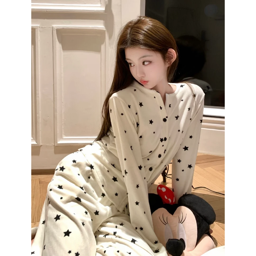 简约星星海岛绒睡衣套装女春秋新款保暖显瘦开衫长裤家居服可外穿