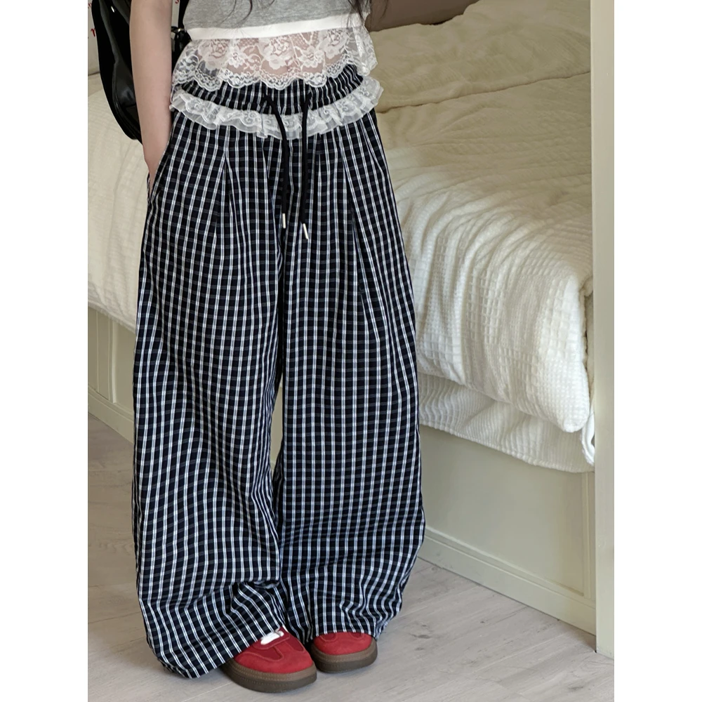 女童夏季薄款裤子2025夏新款超薄格子裤蕾丝腰中大童直筒休闲长裤