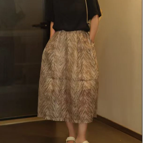 【大妍女装】天丝亚麻玄锦纱琉璃光泽奶咖枝桠纹理花苞裙115