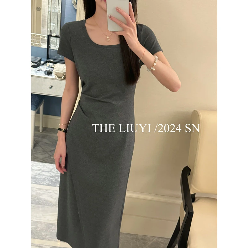 【LIUYI】A4腰~~夏季显瘦收腰短袖连衣裙44116