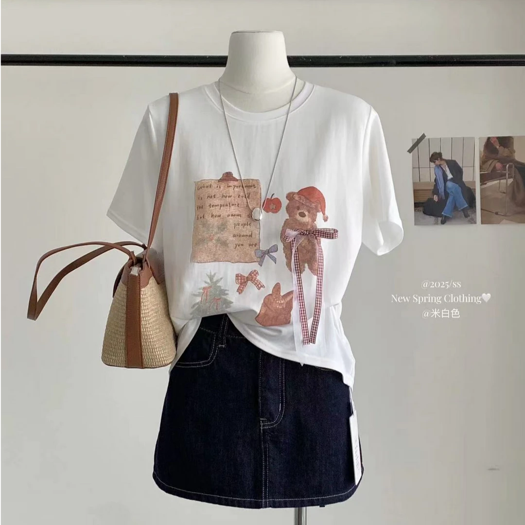 2025夏季新款韩系简约小熊图案蝴蝶结宽松短袖T恤女百搭上衣