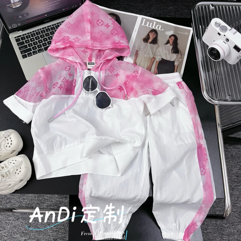 〖ANDI〗安迪订制女童夏季时尚拼色花朵连帽短袖裤子两件套套装4561