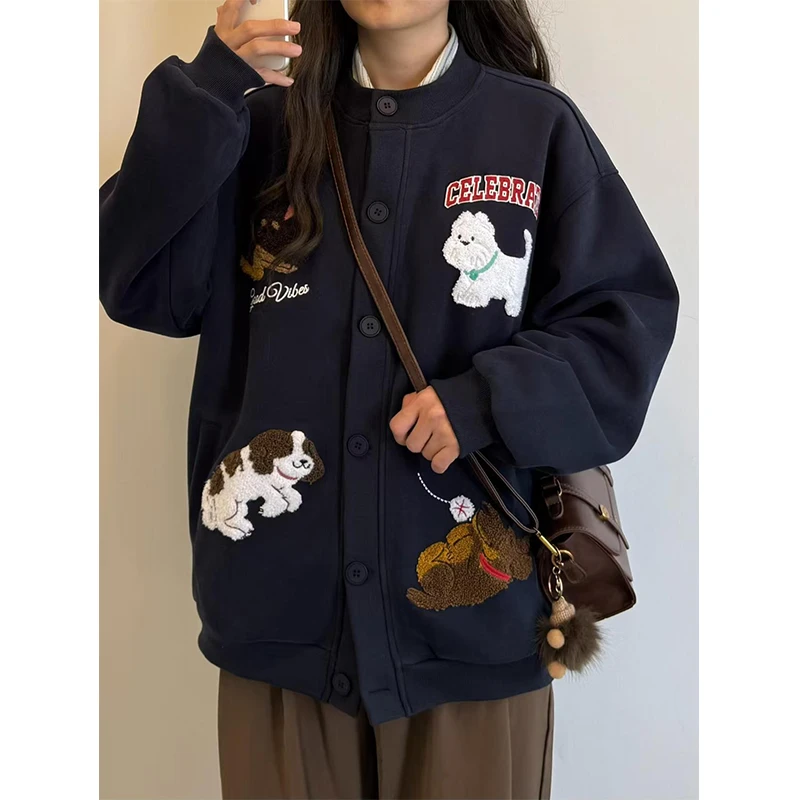 秋冬美式复古可爱卡通上衣毛巾绣开衫卫衣女韩系慵懒风新款bf外套