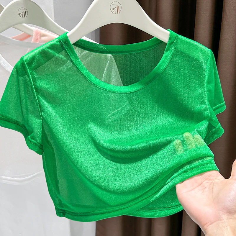 青草绿速干网纱短袖t恤罩衫女新款气质百搭冰丝针织透明防晒上衣