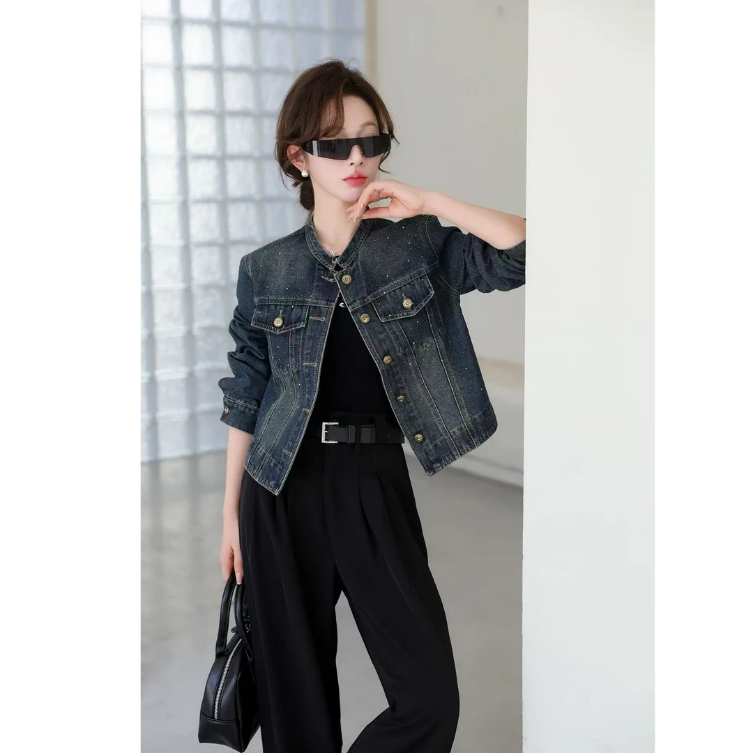 玲家精选97889款号春款烫钻牛仔外套