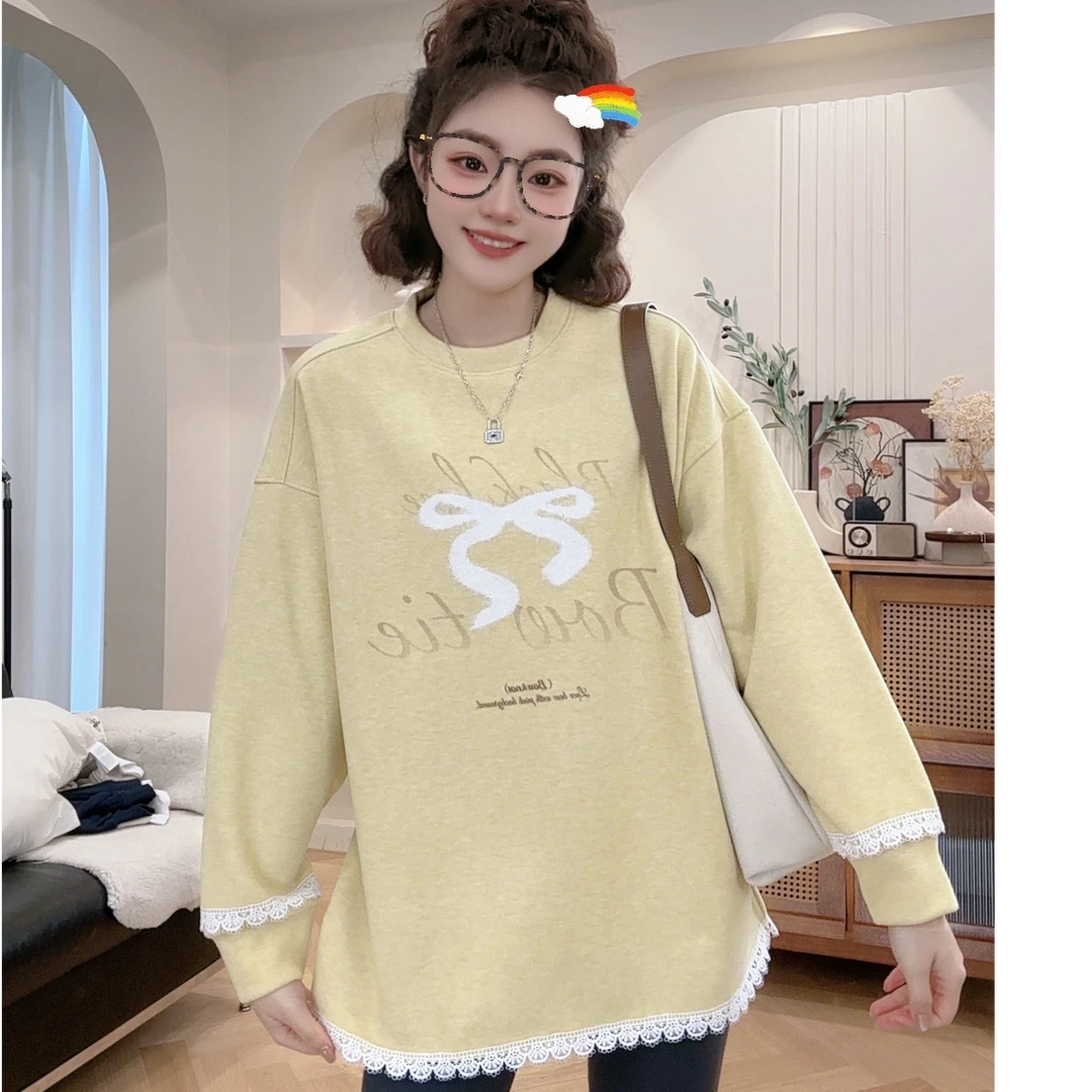 【飘带蝴蝶结】2025年秋款宽松韩版蕾丝花边蝴蝶结卫衣圆领百搭