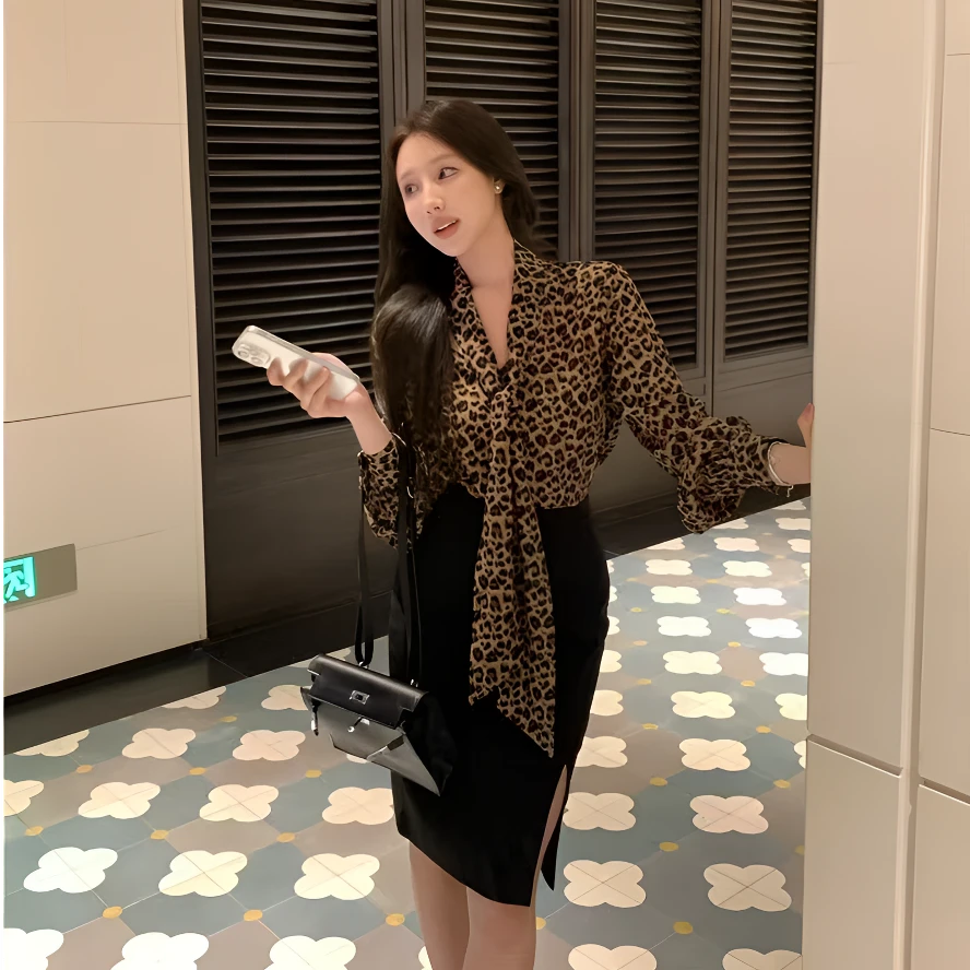 辣妹性感气质感豹纹长袖衬衫高腰半裙减龄两件套