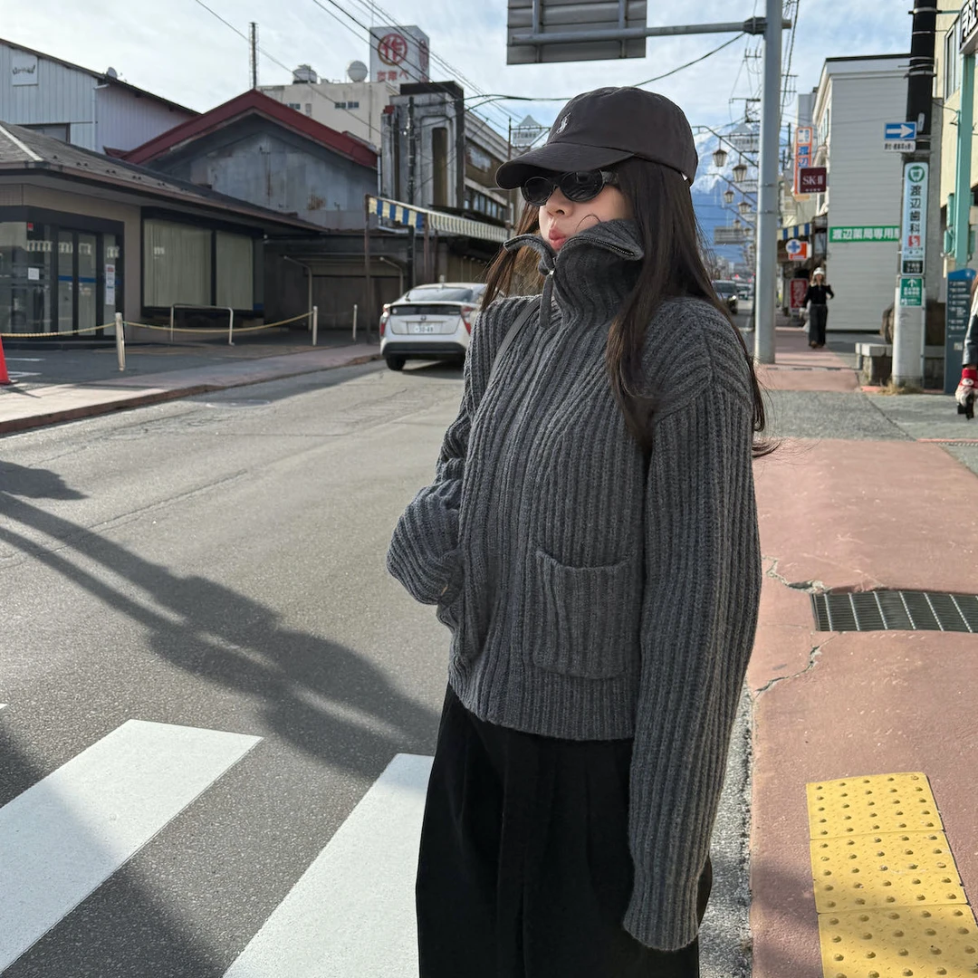 立领针织开衫女2024秋冬新款高级感休闲复古韩系简约慵懒加厚毛衣