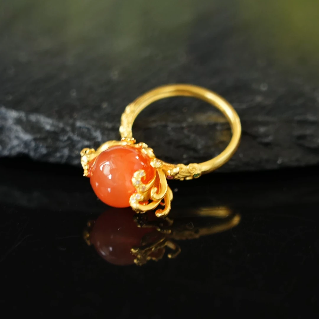 依然【霓凰】925银鎏金保山冰红戒指 开口可调大小