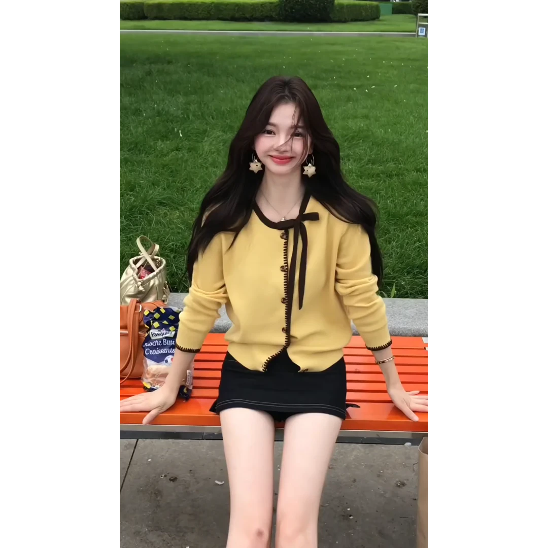 MARIE.COCO法式甜美系带黄色针织上衣女小个子时尚半身短裙两件套