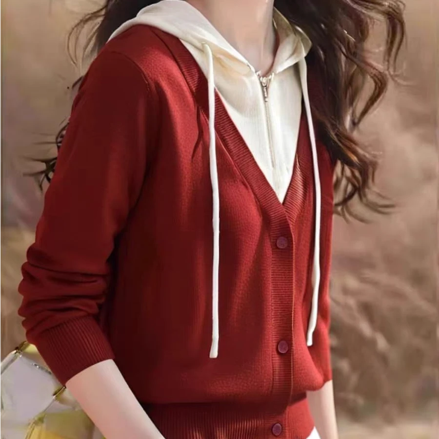 【红帽衫】春秋款简约百搭撞色针织帽衫