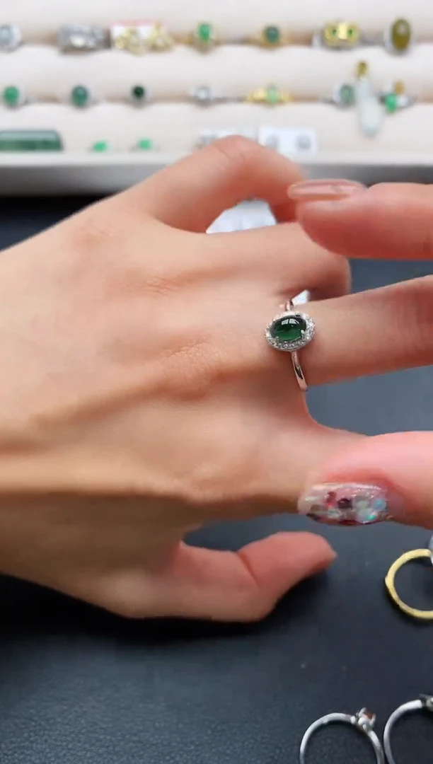 银S925镶嵌戒指翡翠缅甸天然A货翡翠111  7-