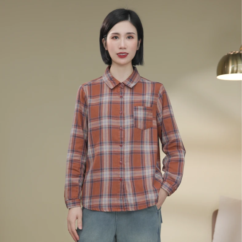 【阅初】2025春秋款全棉双层纱格纹加厚衬衫文艺气质百搭长袖衬衣女