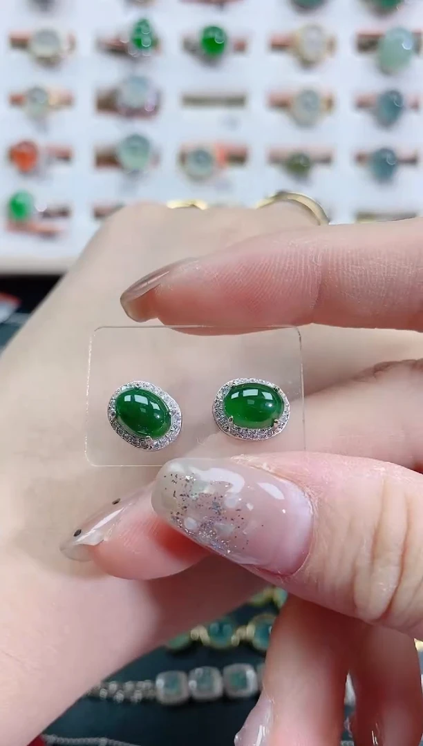 银S925镶嵌翡翠耳饰天然翡翠