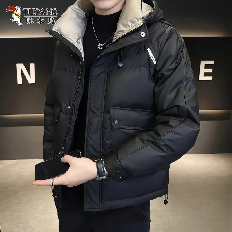 啄木鸟男士时尚休闲保暖棉衣服冬季加厚潮流痞帅短款连帽夹克外套