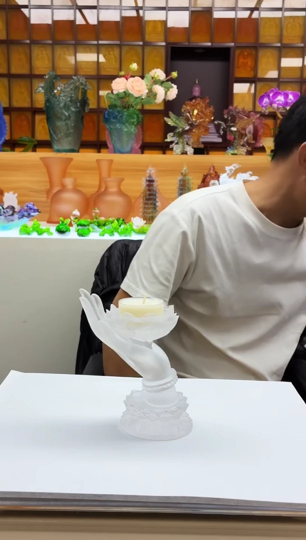 手工艺品琉璃白色佛手烛台12公分【福利】