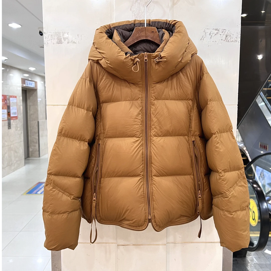 冬装新款时尚抽绳花苞连帽两侧拉链休闲阔版短装加厚棉服棉衣外套