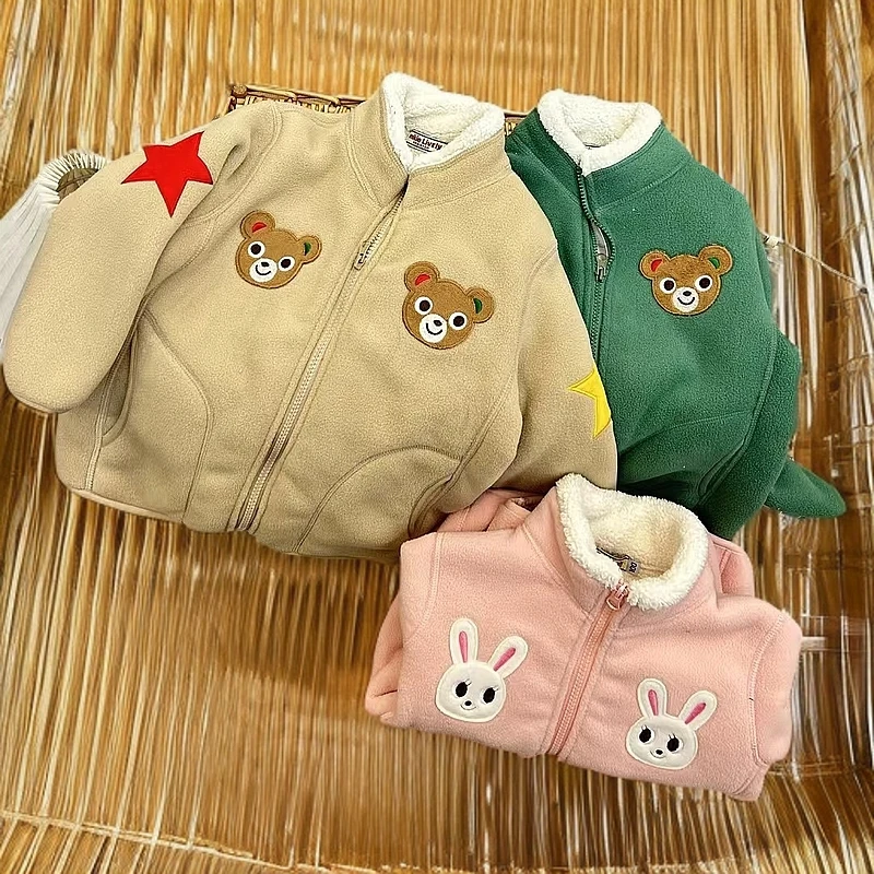新款儿童秋冬款加绒外套卡通刺绣星星小熊加厚立领休闲上衣36160
