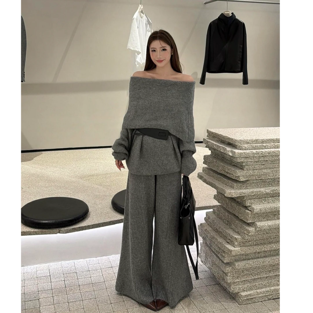 一字肩宽松慵懒风松弛感毛衣女秋冬穿搭露肩针织衫休闲裤气质套装