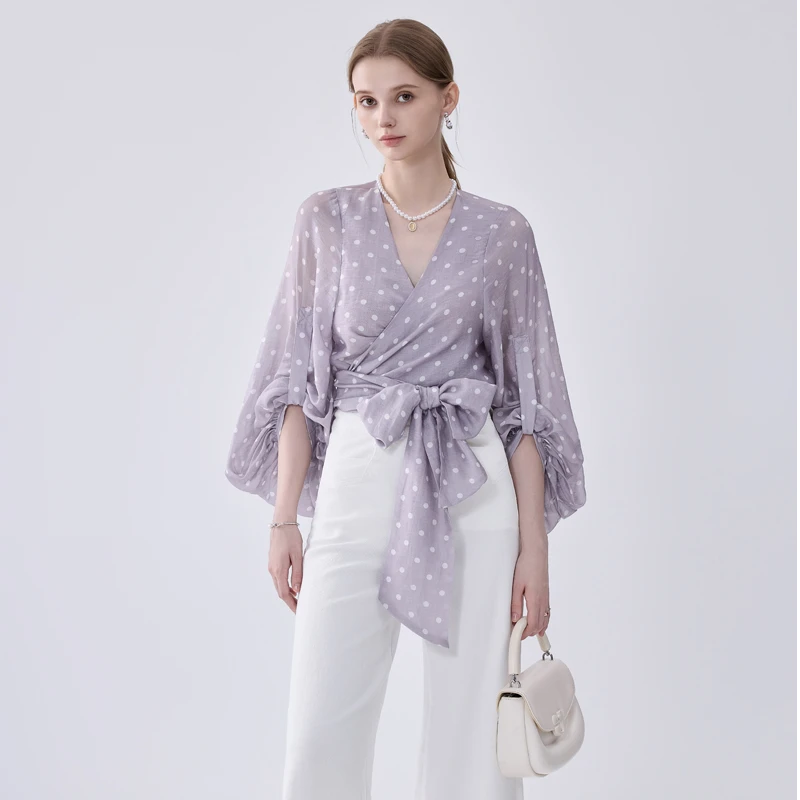 琳心丨夏季新款紫色波点交叉绑带轻奢高端气质小衫 6260