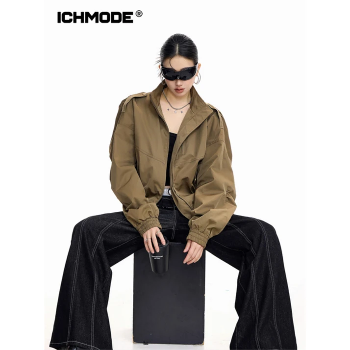 ICH MODE 美式立领工装外套女2025新款秋季复古夹克休闲短款上衣