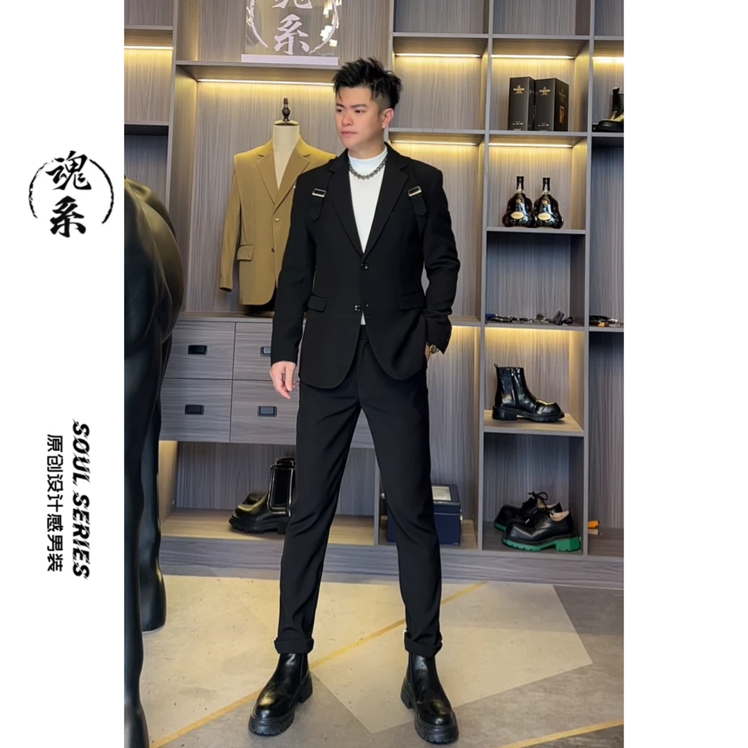 [魂系]春西装套装英伦韩版男潮流背带痞帅设计感美式修身Q1黑色