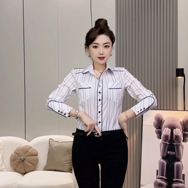 新款【单款】长袖时尚显瘦条纹百搭女衬衫5171