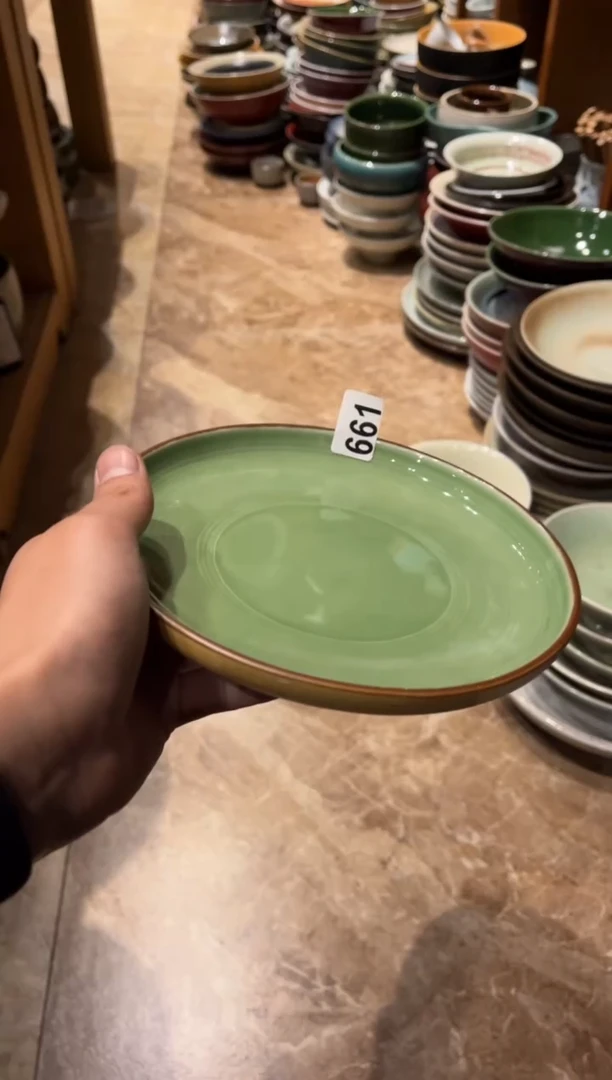 【闪购商品】瓷片661微瑕外磨砂内翠绿圆口盘1只