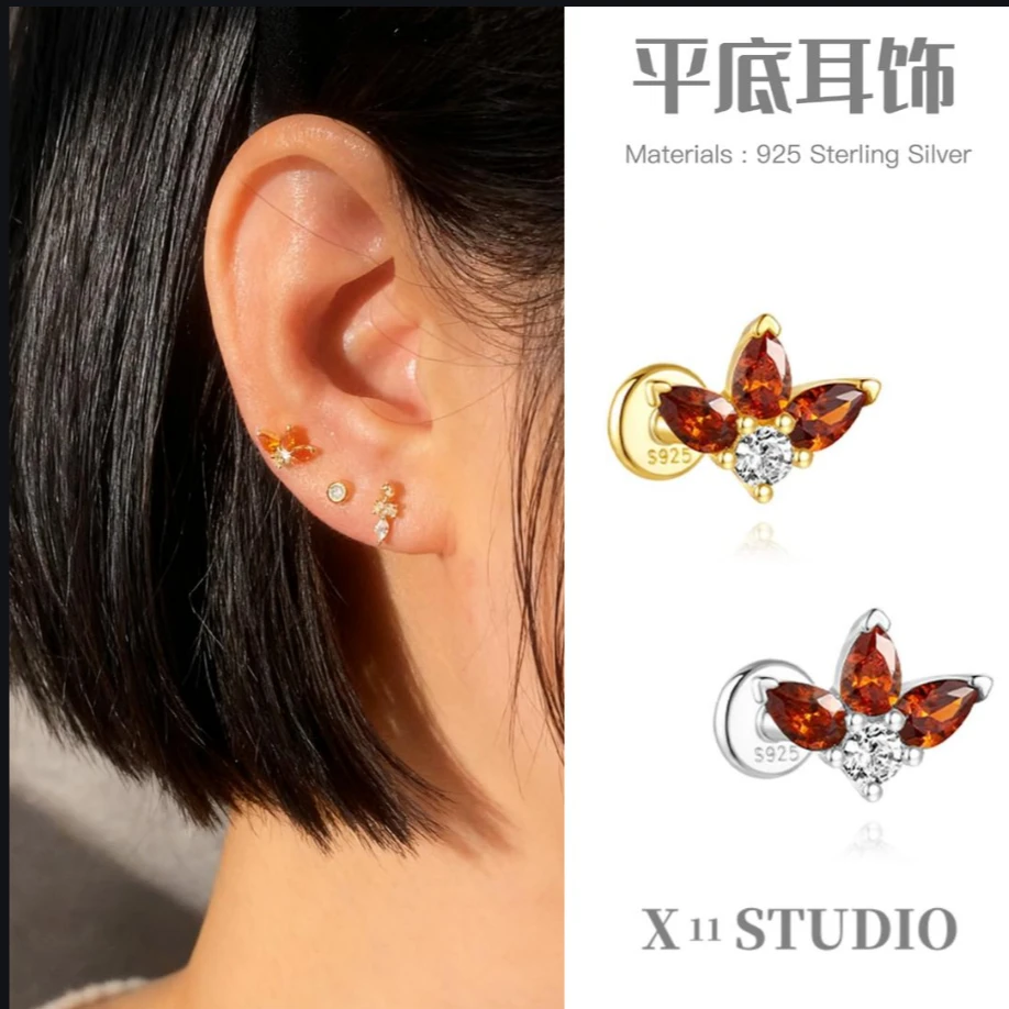 925银合成锆石耳饰 AZstone系列|珀绽平底耳饰内螺纹耳钉耳骨钉